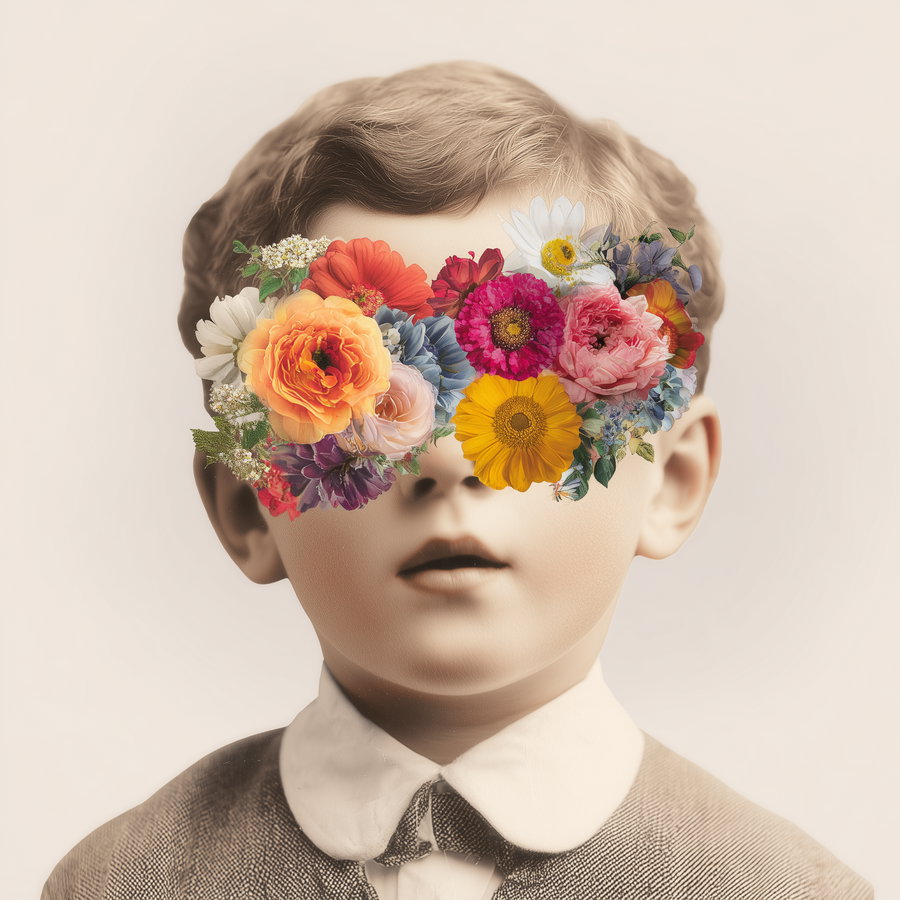 Sepia-toned portrait of a young boy wearing a collared shirt and suit jacket with an arrangement of colorful flowers covering his eyes