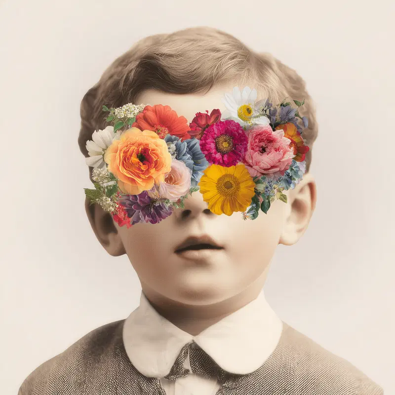 Vintage style portrait of a boy with flowers covering his eyes