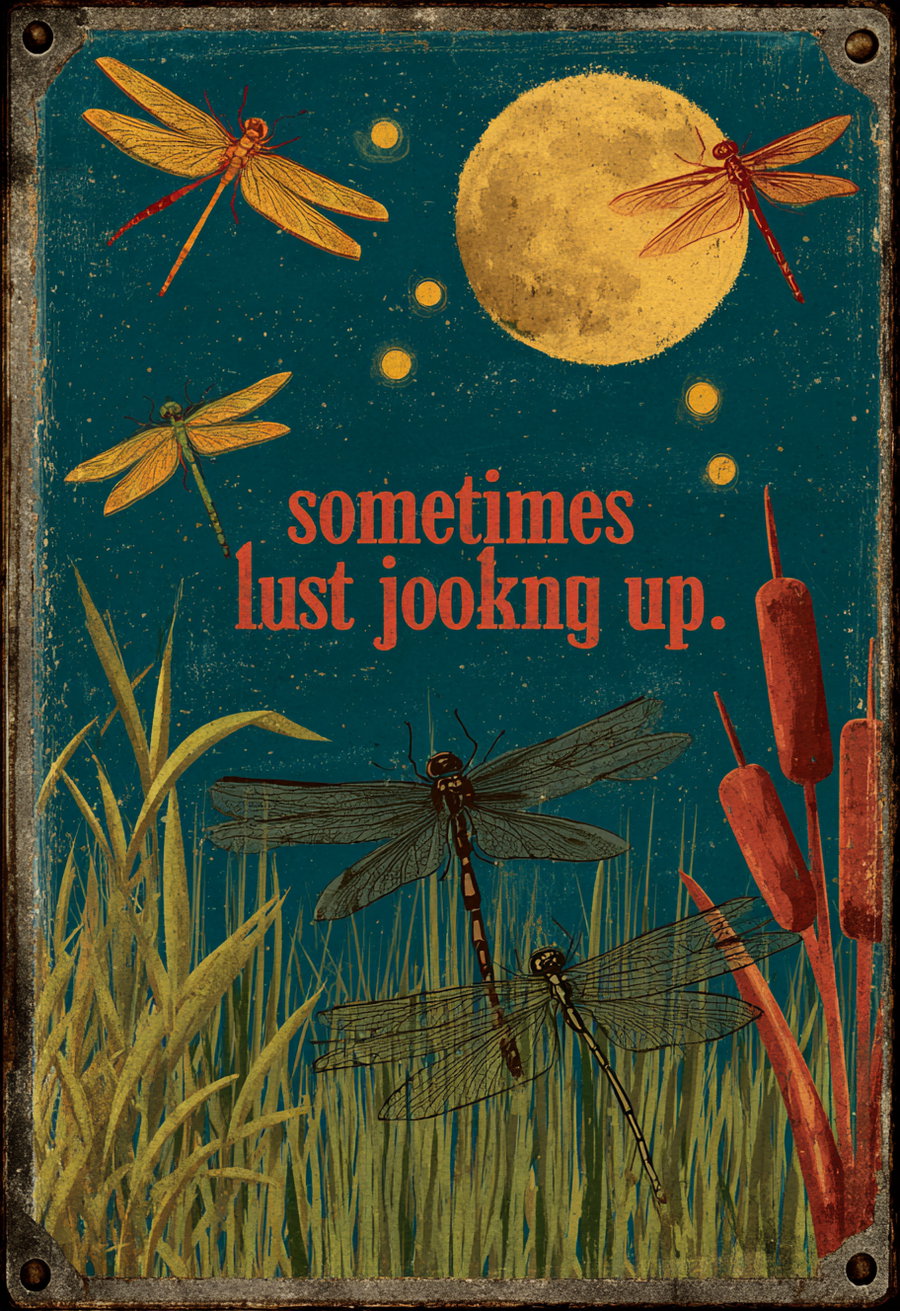 Vintage style artwork featuring several dragonflies flying and resting on tall grass and red cattails, a large yellow moon, and the text sometimes just looking up on a blue textured background