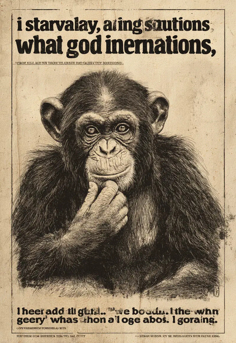 Vintage style illustrated print of a thoughtful chimpanzee with distressed text