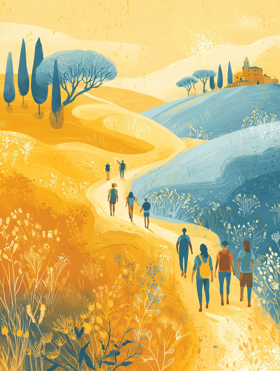Illustration showing multiple people walking on a winding path through yellow and blue colored hills with scattered trees and plants.