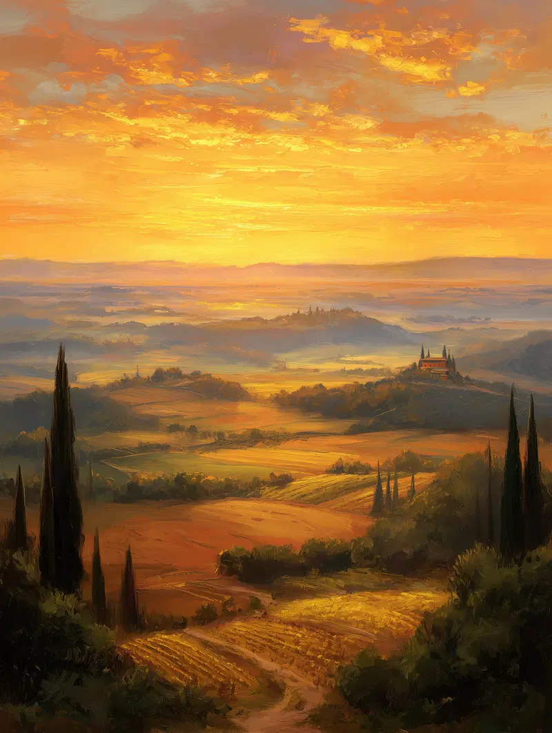 Golden Sunset Over Rolling Hills Landscape Painting