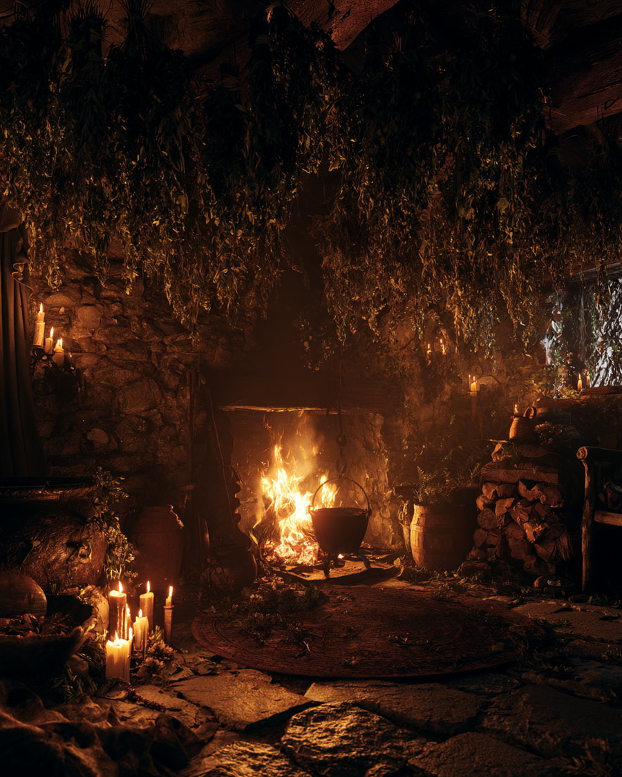 Interior of a stone room with a roaring fire in the fireplace, dried herbs hanging from the ceiling, numerous candles lit, stacked firewood, and rustic wooden furniture