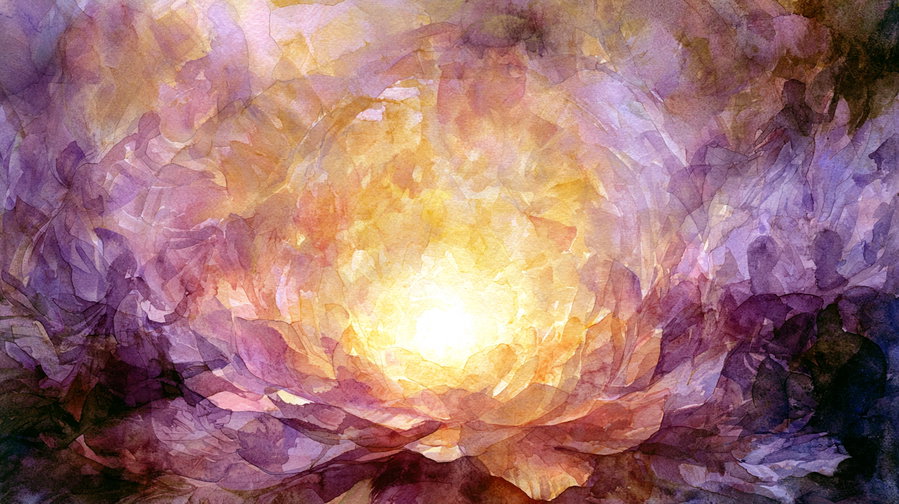 An abstract watercolor painting featuring layered petals in warm yellow, orange, and cool purple tones, creating a glowing center effect.