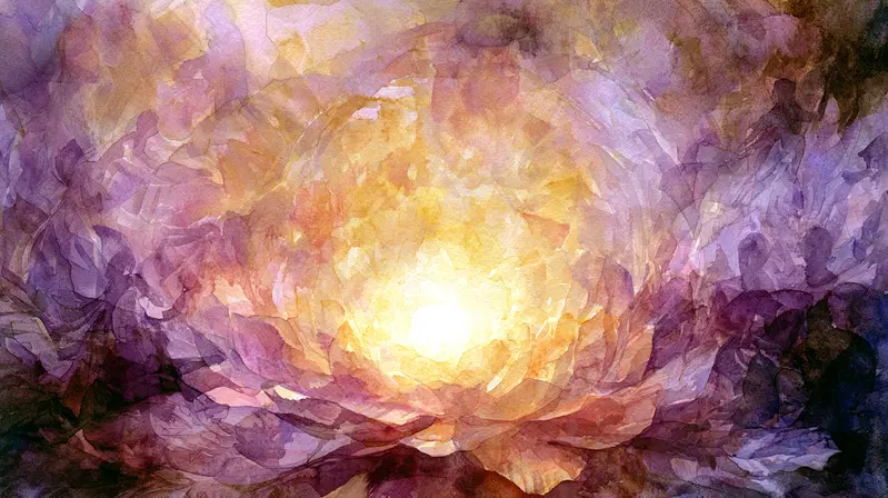Abstract watercolor painting with warm and cool layered petals