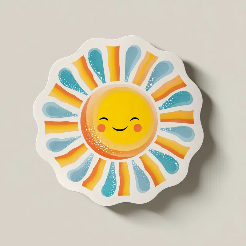 Cheerful sun illustration with colorful rays and smiling face