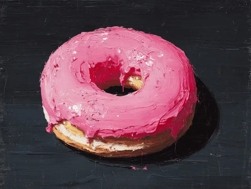Still Life Painting of a Pink Frosted Donut on a Dark Background