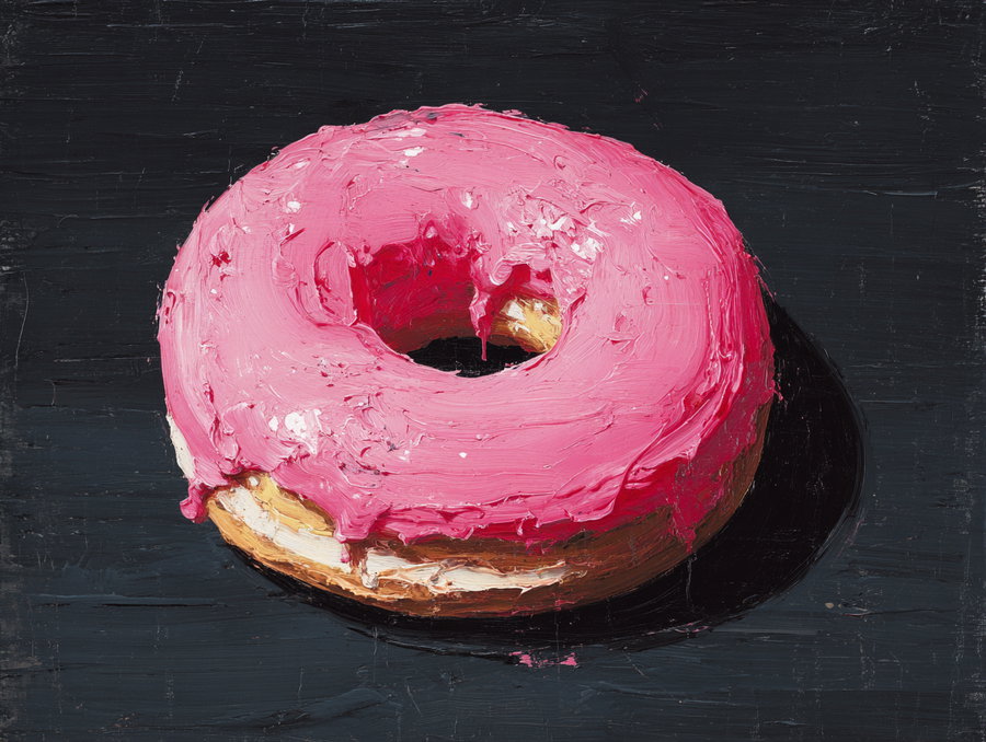An oil painting of a single pink frosted donut with partial bite taken, resting on a dark surface casting a shadow