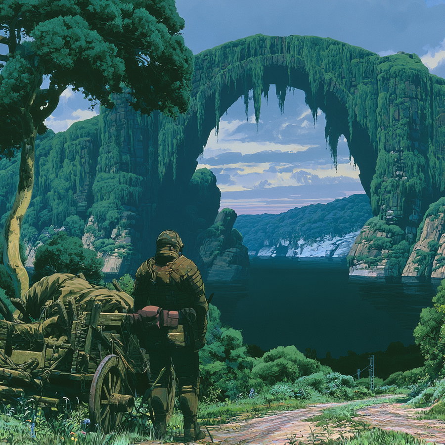 A detailed artistic scene showing a person in outdoor gear standing with a cart on a dirt path surrounded by lush greenery, looking at a large green natural arch over a lake with distant hills under a cloudy sky.