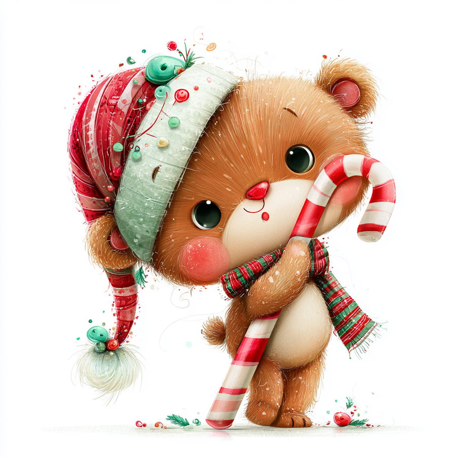Illustration of a cute brown teddy bear wearing a red and green striped hat and scarf, holding a large red and white candy cane, with a snowy effect around
