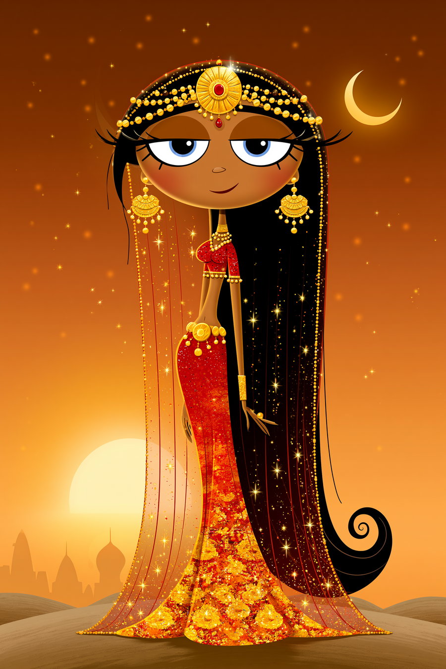 A digital cartoon-style portrait of a woman wearing an ornate red and gold traditional dress, adorned with gold jewelry including headpiece, earrings, necklace, and bracelets, with a long black hair sparkling and a crescent moon in an orange sky background above desert dunes and silhouettes of buildings.