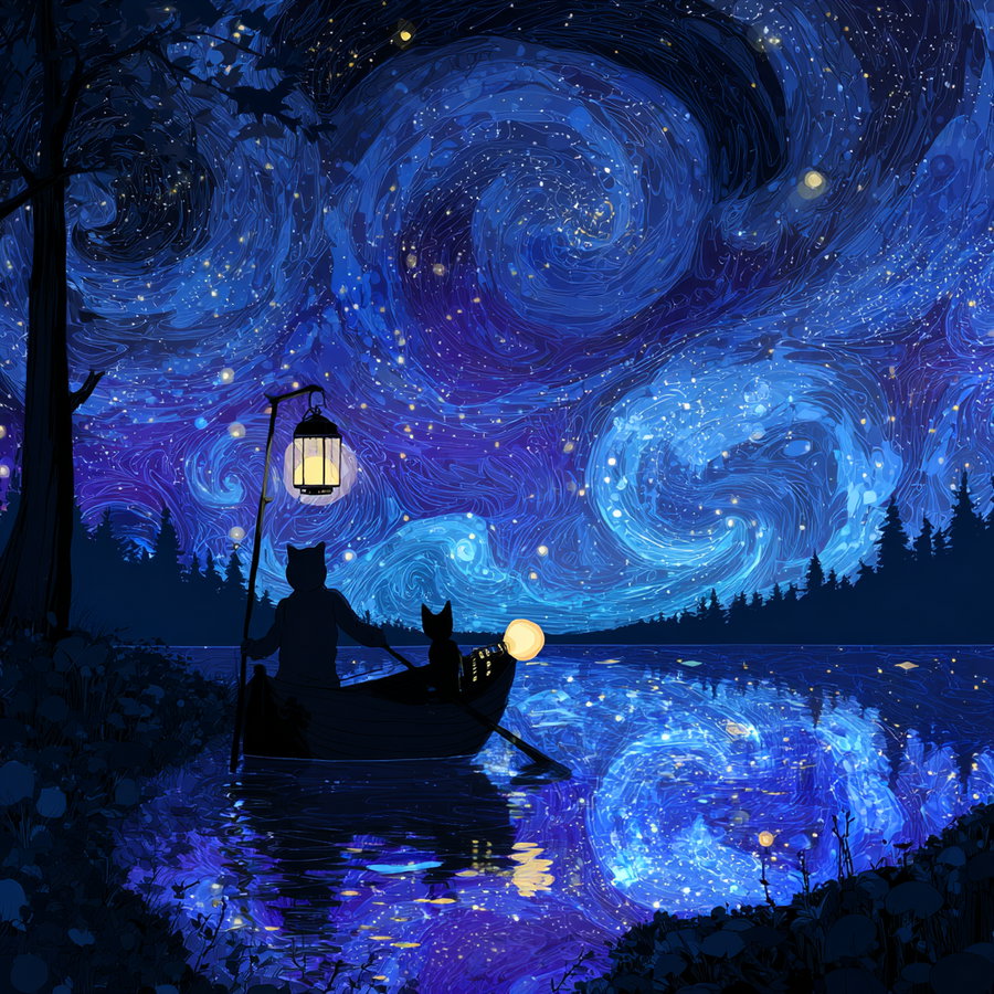 Illustration of a starry night sky with swirling blue, purple, and yellow lights reflected on water, featuring silhouettes of two cats in a boat holding lanterns near a tree and forest