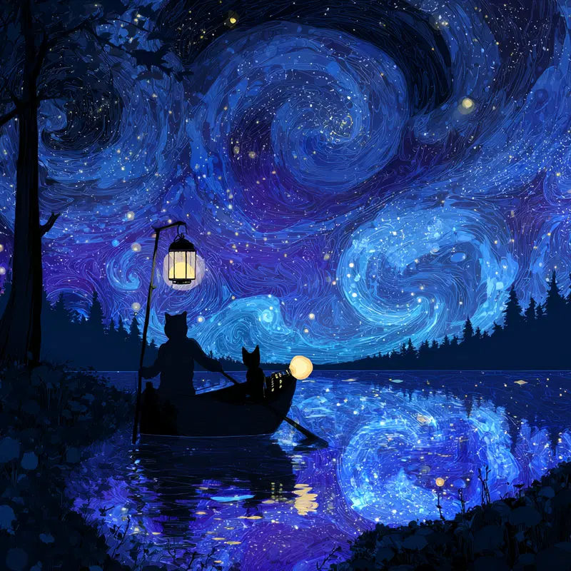 Dreamy night sky with swirling stars and cats on a boat under lantern light