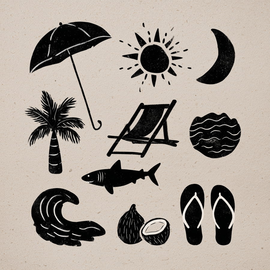Black silhouette icons on beige background including umbrella, sun, crescent moon, palm tree, deck chair, sea waves, shark, coconut halves, flip flops, and seashell