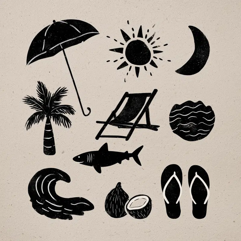Black and white coastal themed icons with beach and sea elements