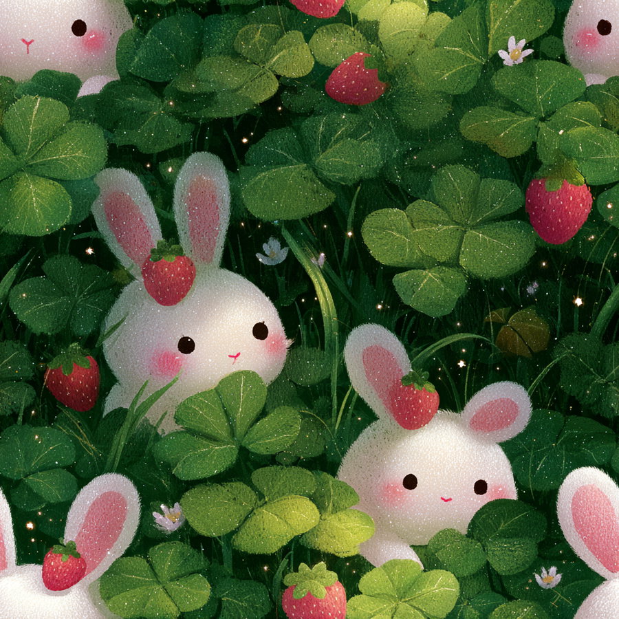 Illustration of cute white bunnies with pink cheeks and ears peeking through green clover leaves with red strawberries and small white flowers scattered around
