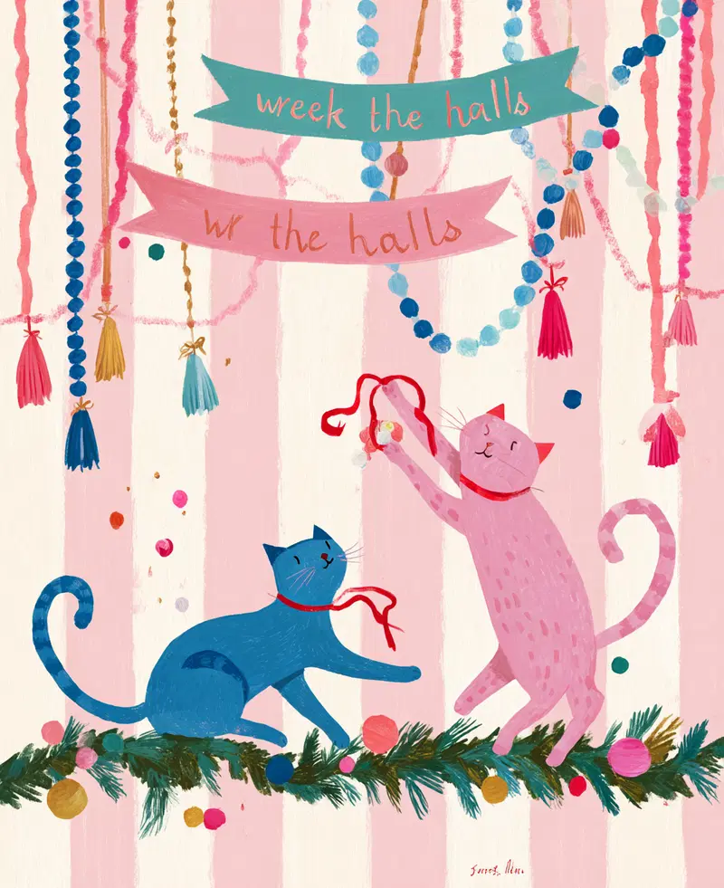 Playful illustrated cats with festive decor and garlands for holiday fun