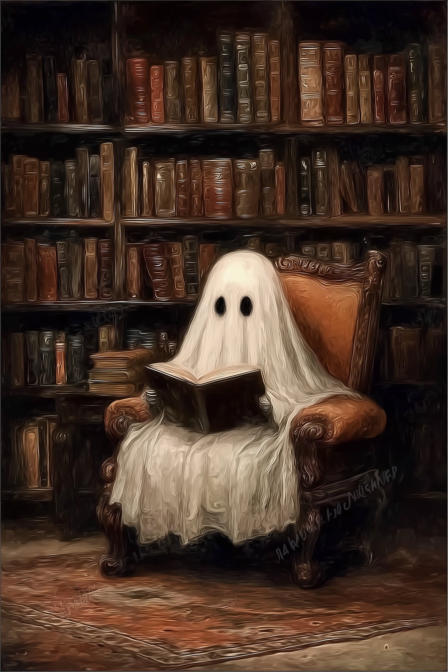 A ghost covered with a white sheet and black eye holes sitting on a carved leather armchair, reading a book, surrounded by shelves filled with old books in a dimly lit library.