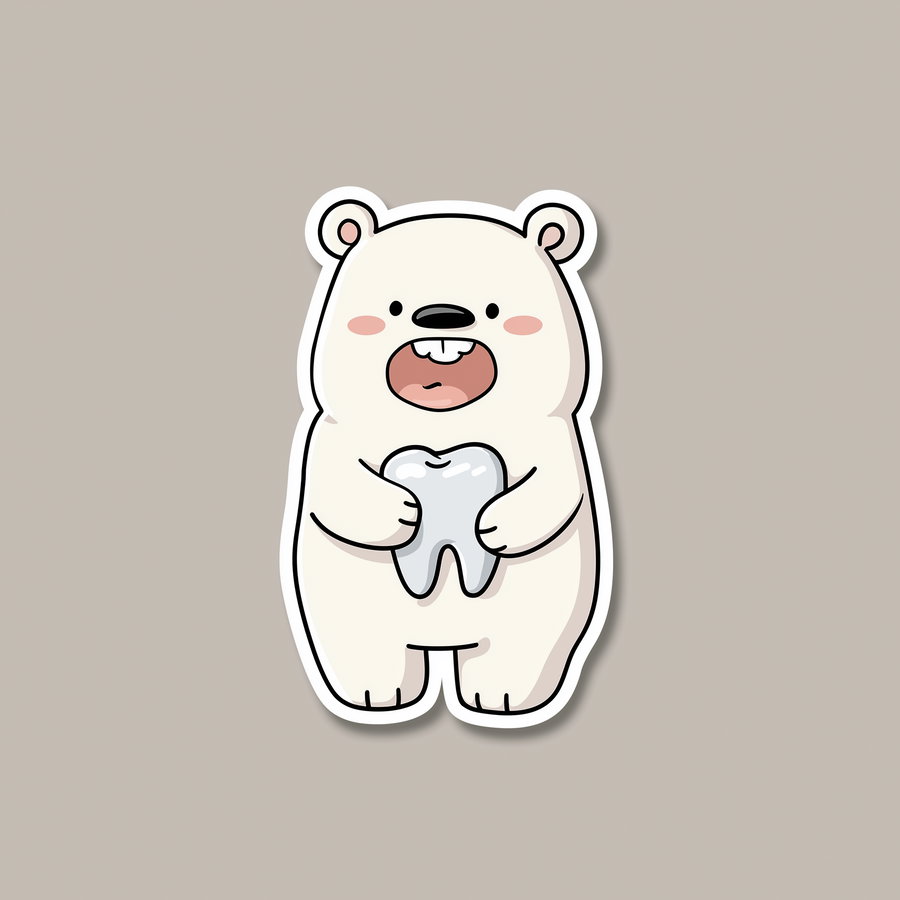 A sticker-style cartoon of a white polar bear standing and holding a large tooth with a happy expression on a plain beige background