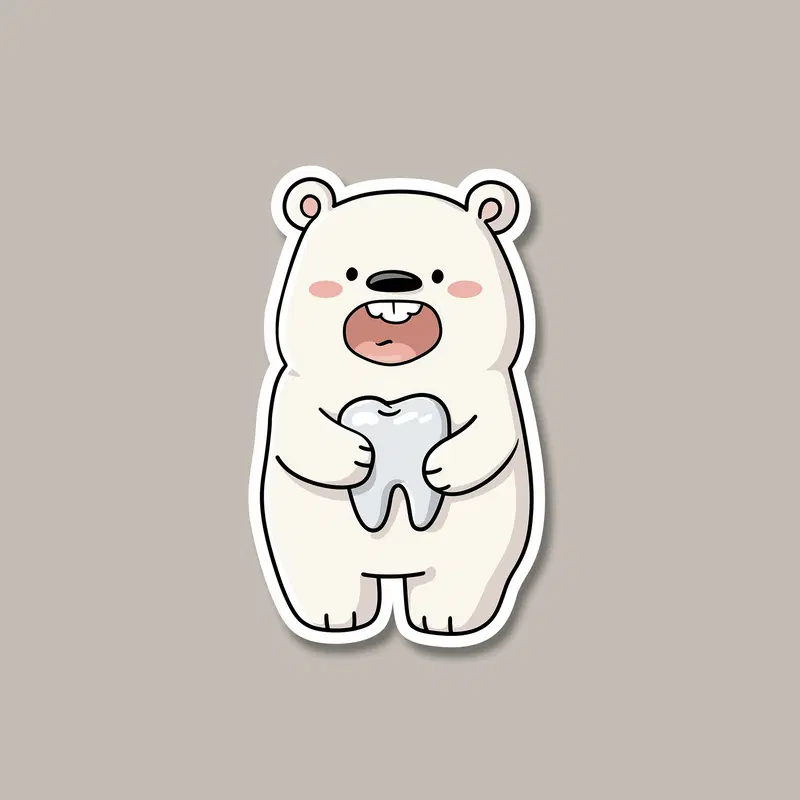 Cute cartoon polar bear holding a large tooth illustration