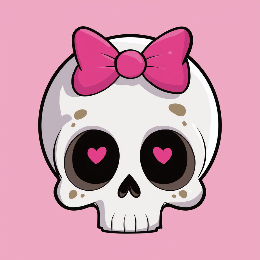 A cartoon-style white skull with black eye sockets containing pink heart shapes, decorated with a large pink bow on top, set against a pink background.