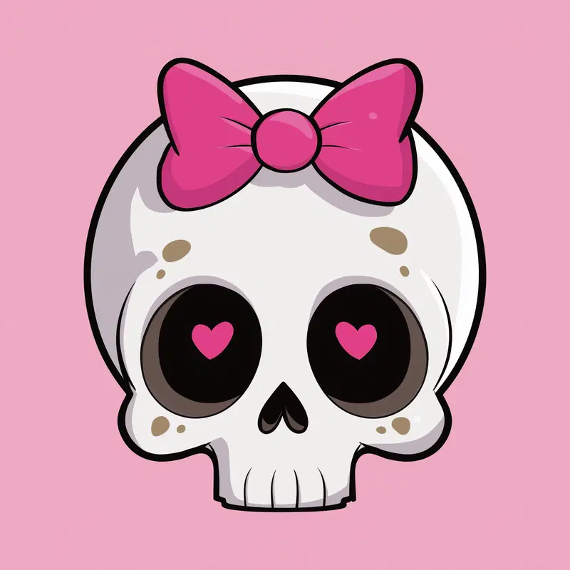 Cartoon Skull with Pink Bow and Heart Shaped Eyes Illustration
