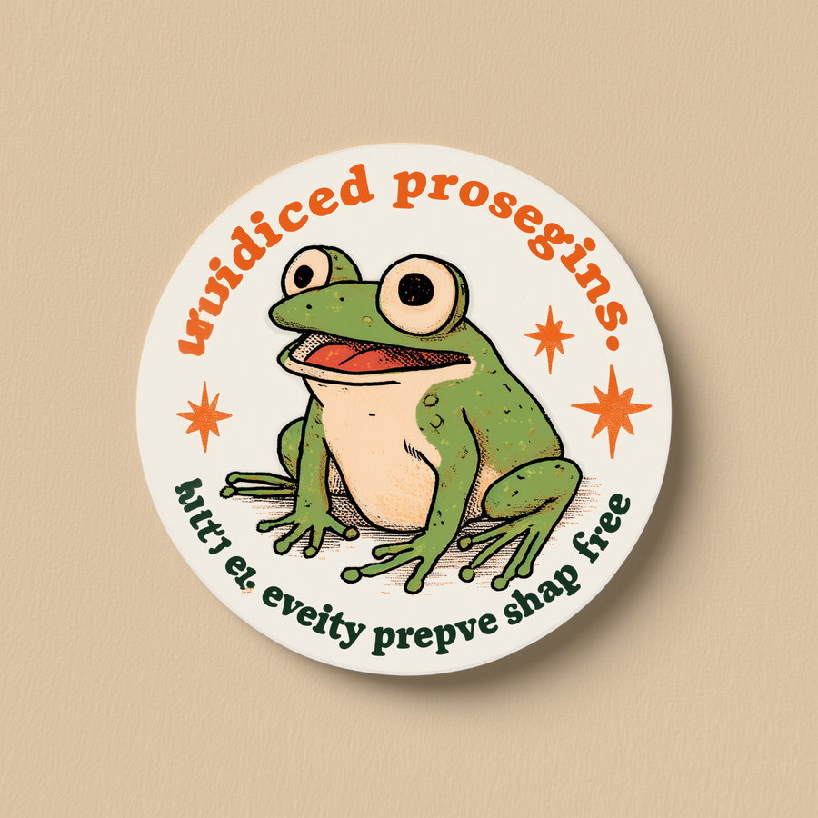 A circular artwork featuring a green cartoon frog with big eyes and an open mouth, surrounded by stylized star shapes and curved text in orange and dark green colors
