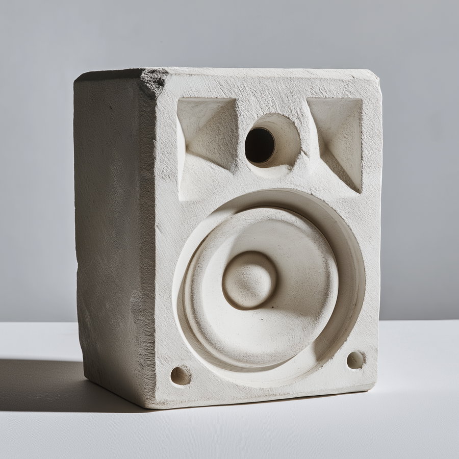 White textured sculpture resembling a vintage speaker with cone and port details on a plain background
