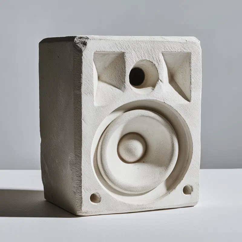 Minimalist sculptural wall decor shaped like a vintage speaker