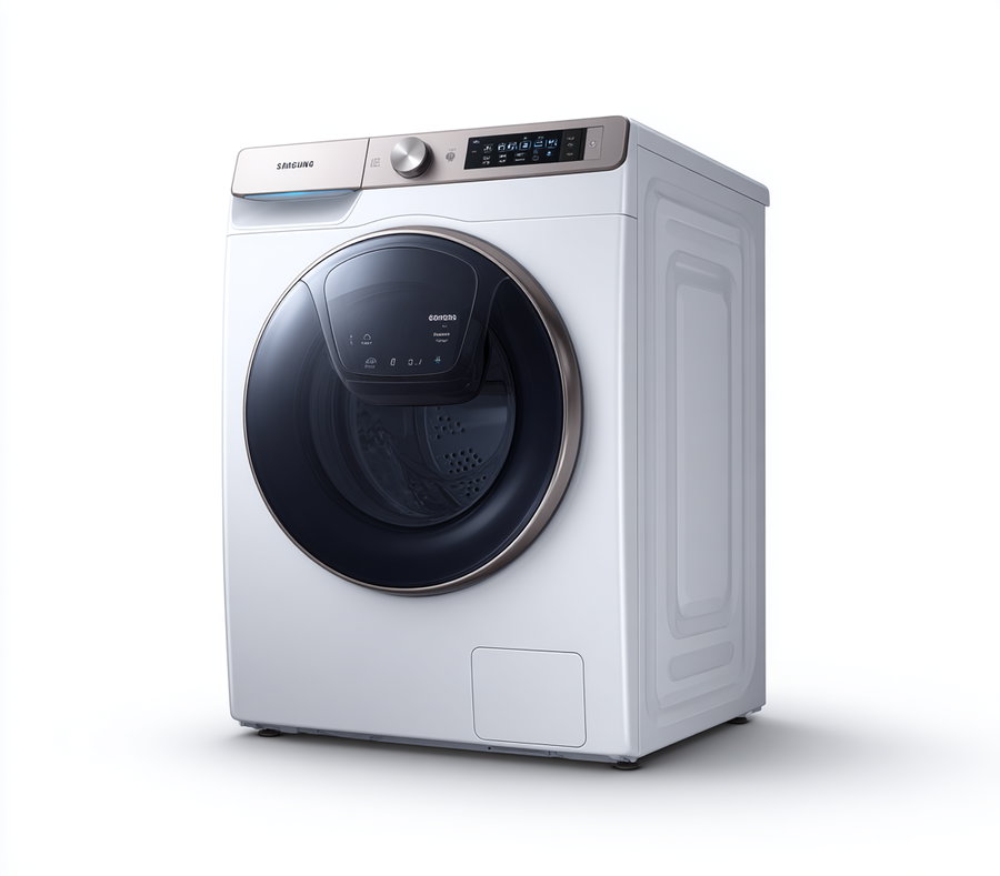 White Samsung front-load washing machine with a large black circular door and a digital control panel on the top right side