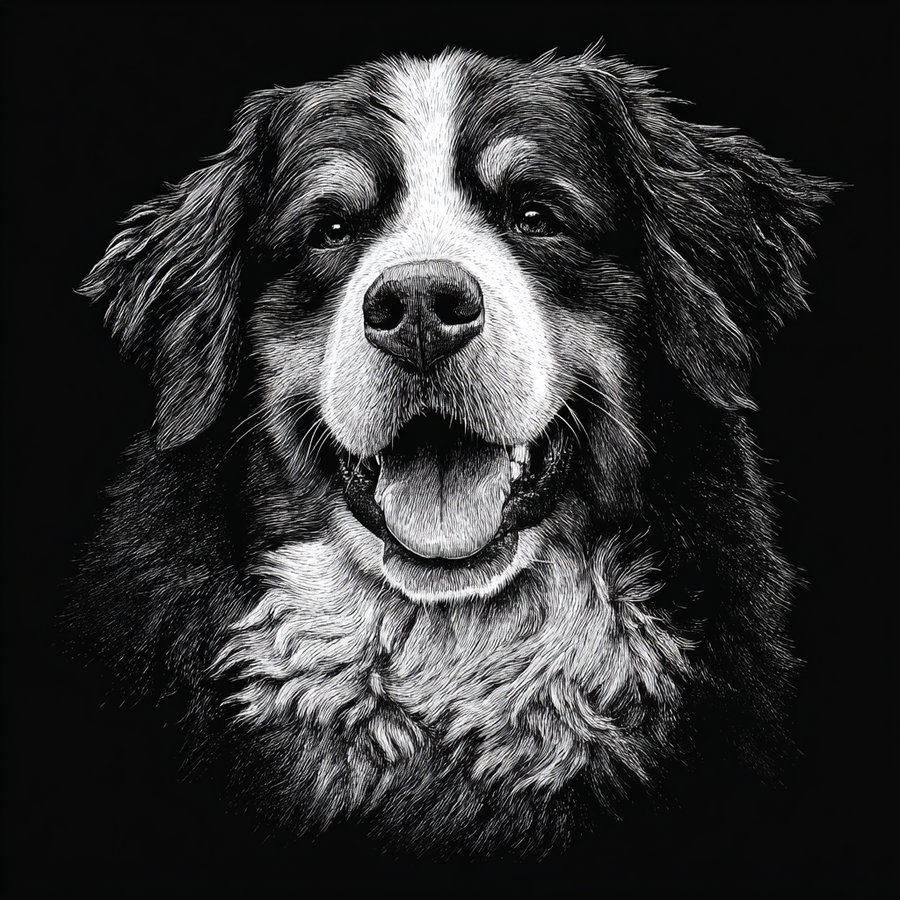 Black and white detailed sketch of a dog's face with its tongue out, showing expressive eyes and fluffy fur on a black background