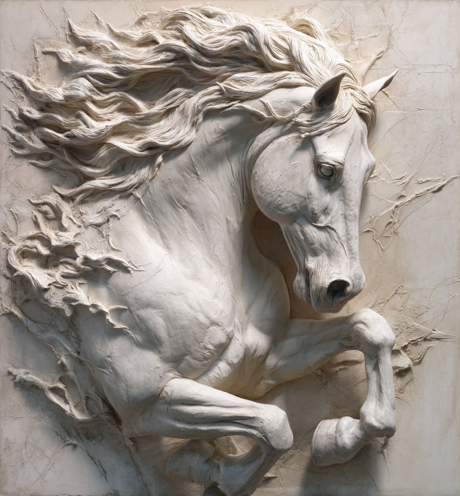 A high-relief sculpture of a galloping horse with flowing mane carved on a textured wall background