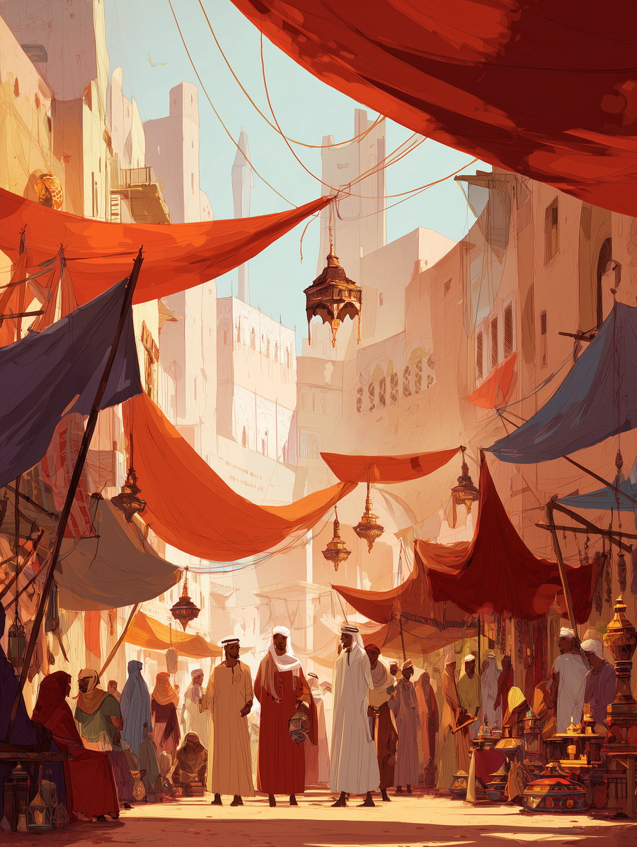 Illustration of a crowded marketplace with people in traditional Middle Eastern attire under red and dark awnings with hanging lanterns and light stone buildings in the background