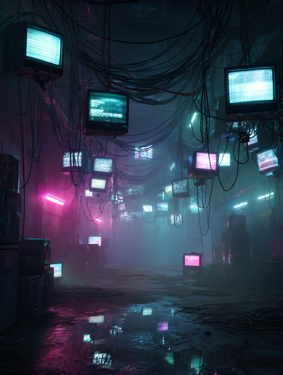 A dimly lit room with old CRT televisions suspended from the ceiling by numerous cables, glowing with blue and pink neon lights, reflecting off a wet floor in a misty atmosphere