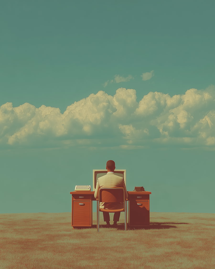 A man sitting at a wooden desk with office equipment in a large open grassy field under a sky with fluffy clouds