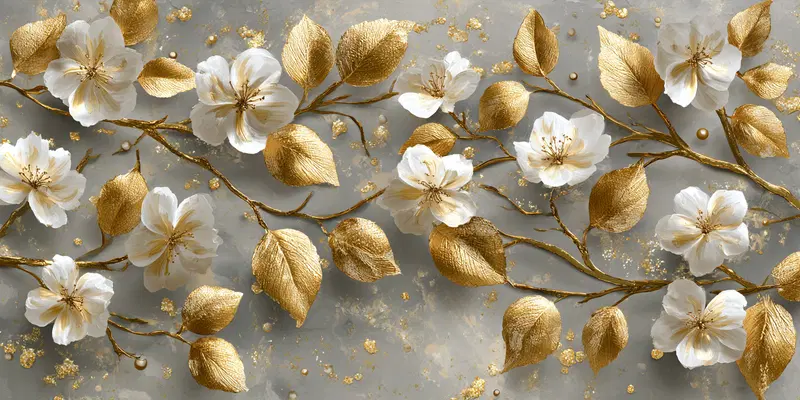 Elegant white and gold floral art with textured leaves on gray background