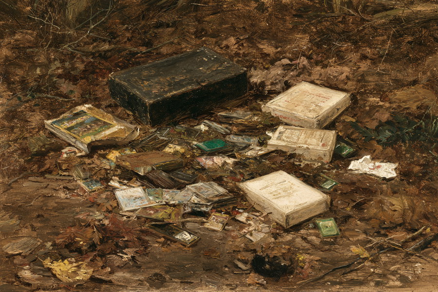 An oil painting showing scattered paper packages and cards on an earthy, brown leafy ground, with a dark rectangular box and several white rectangular packages amongst dried leaves and dirt.