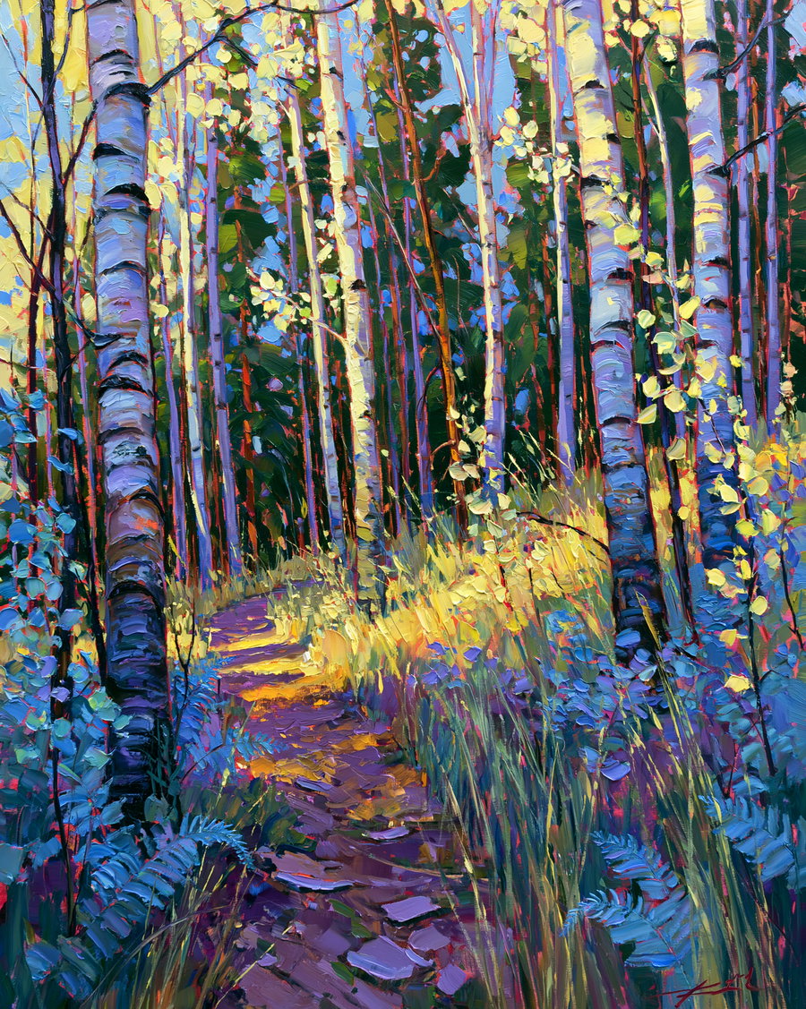 An oil painting depicting a vibrant forest scene with white birch trees, dense foliage in blue and green shades, and a sunlit path winding through the trees