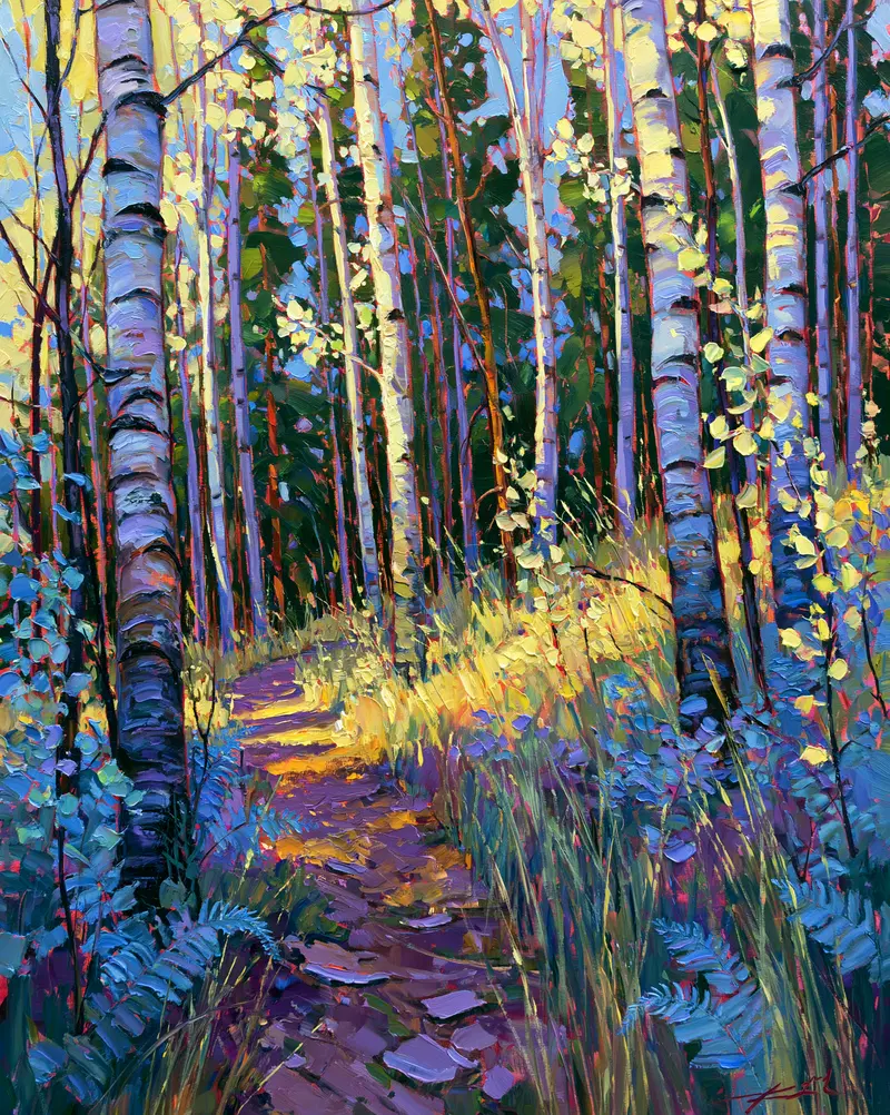 Colorful oil painting of a birch tree forest with a sunlit path