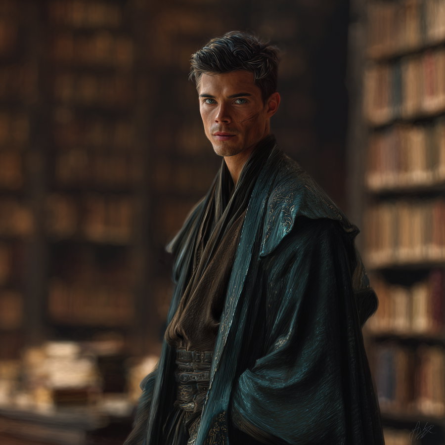 A young man with a serious expression, wearing layered dark robes with textured patterns, standing in a softly blurred library setting
