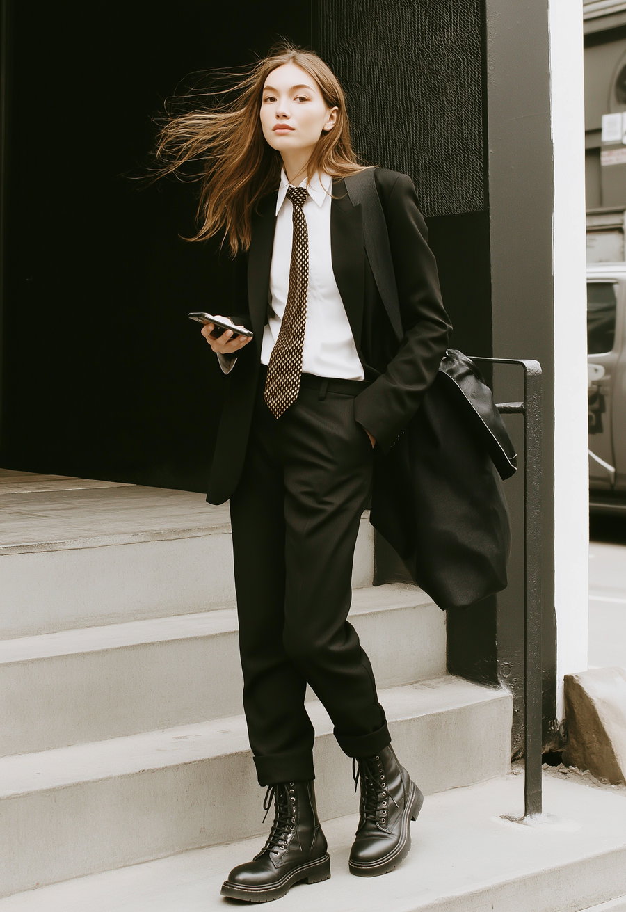 A young woman wearing a black suit with a white shirt and patterned tie, black leather boots, carrying a large black bag, standing on gray concrete steps with a dark background