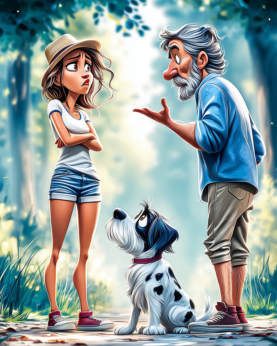 Digital artwork showing a young woman with arms crossed and a hat, an older man gesturing with his hand, and a dog sitting on the ground between them in a forest setting