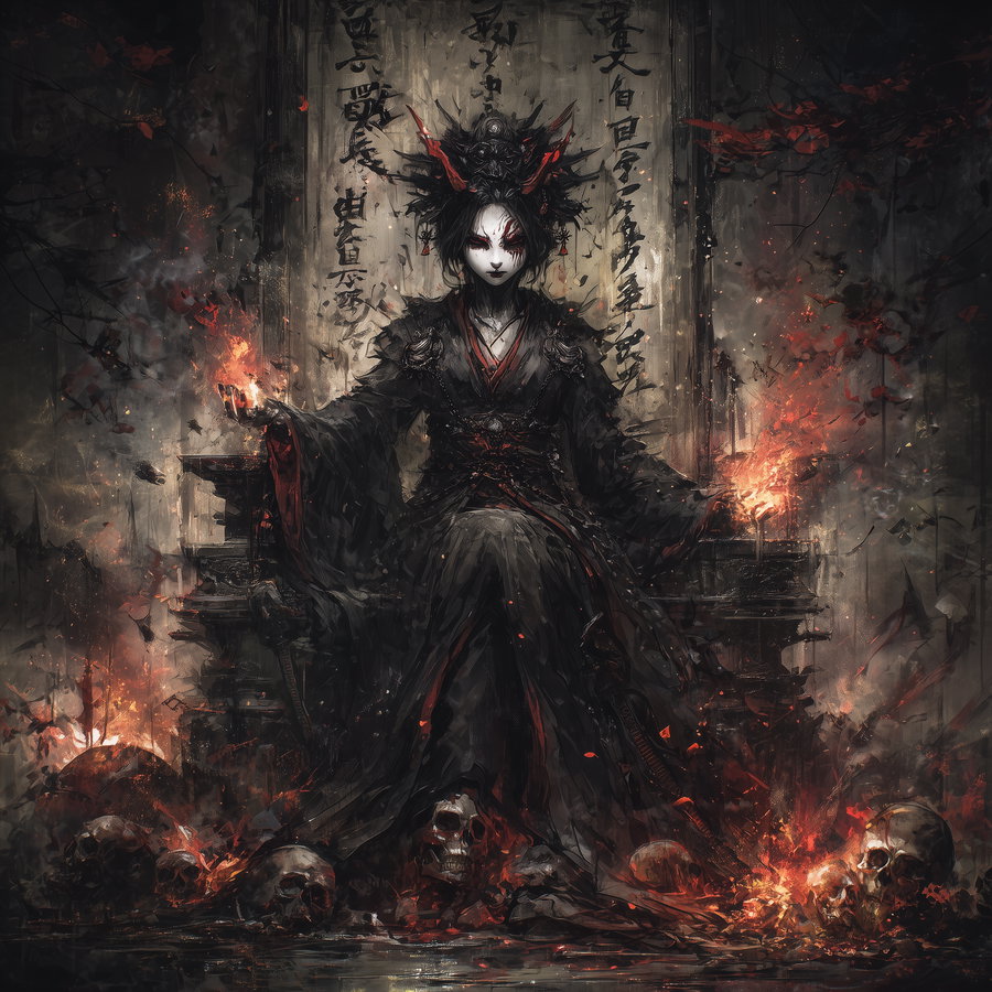 A dark, atmospheric artwork showing a figure in elaborate black robes seated on a throne, surrounded by glowing flames and human skulls, with ominous calligraphy in the background.