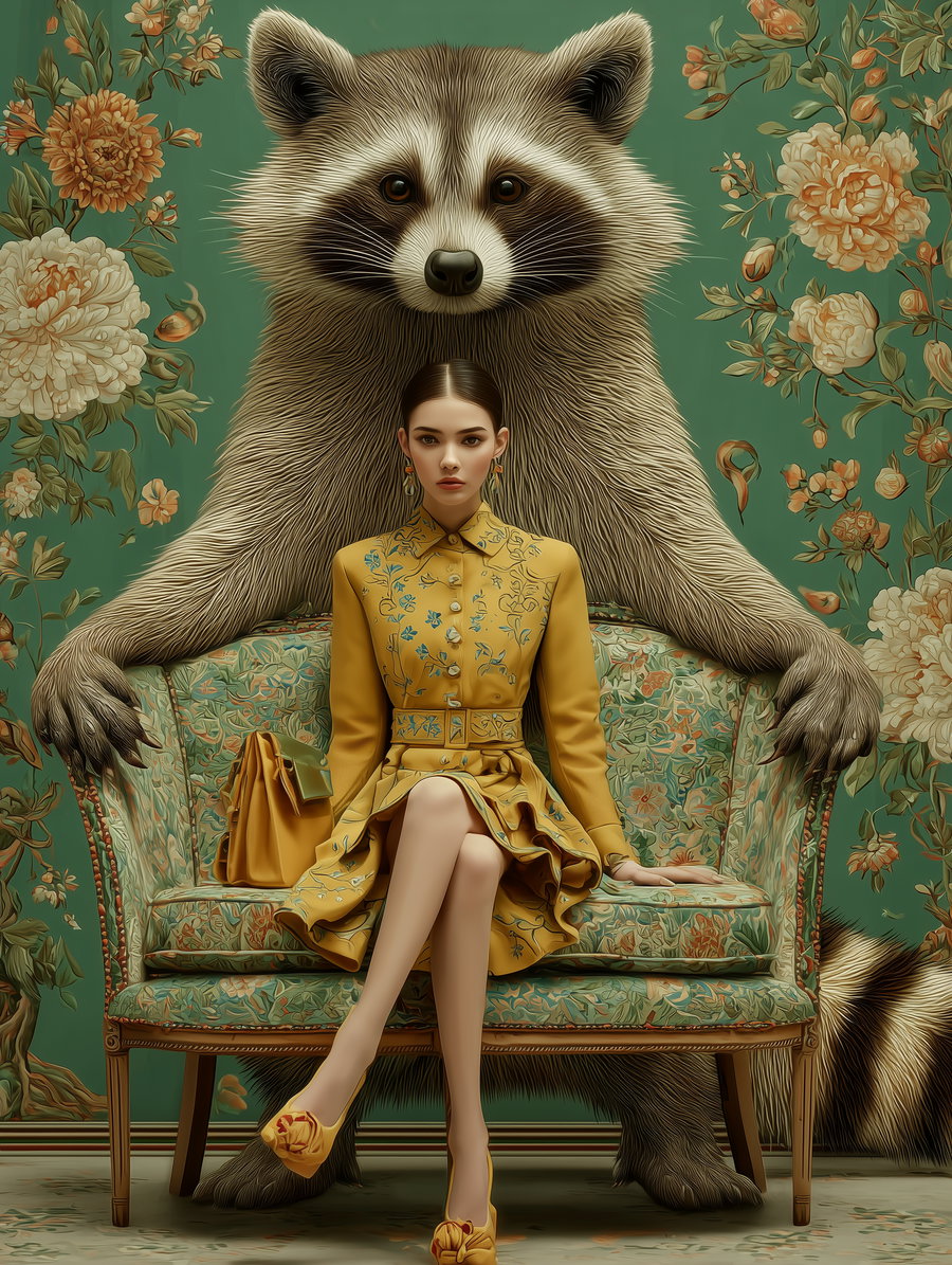 A detailed digital art piece showing a woman in a yellow floral dress seated on a floral-patterned sofa with a giant raccoon standing behind her, its arms resting on the sofa's back.