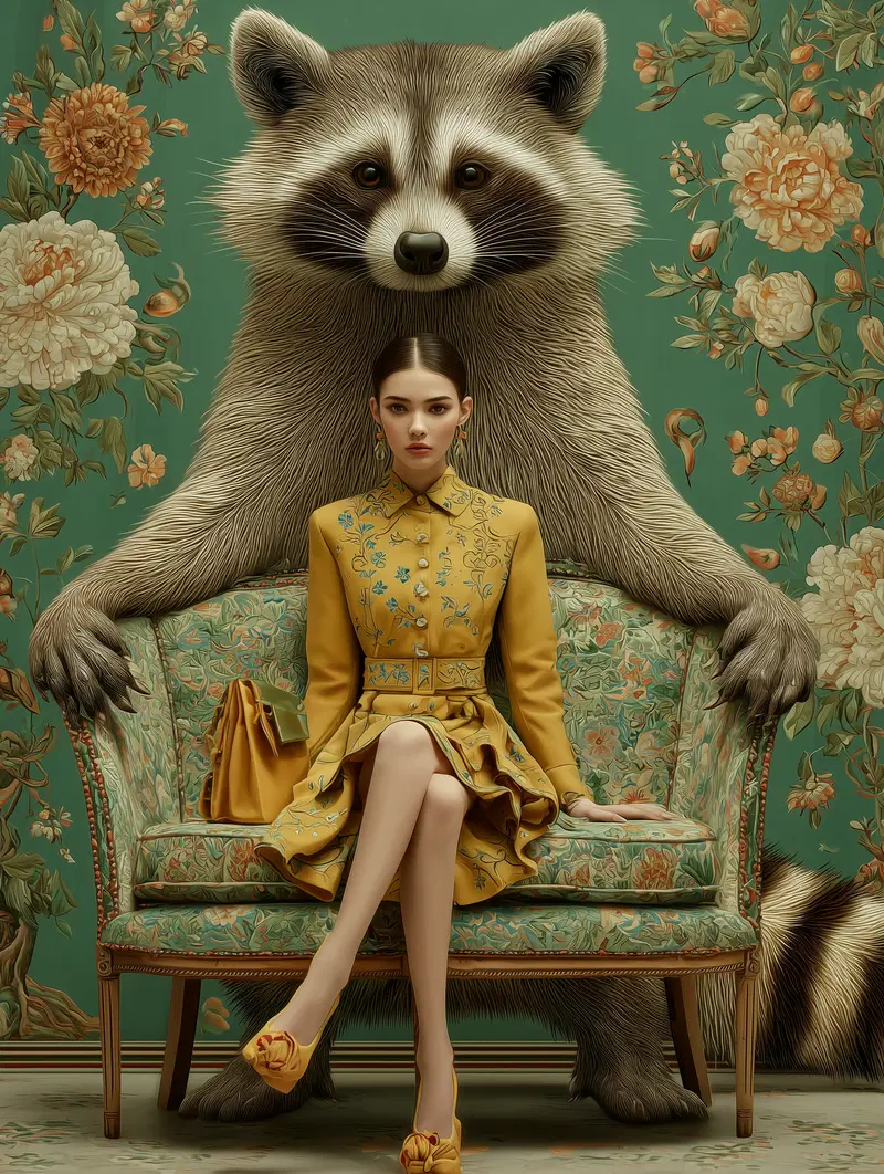 Detailed artistic portrait of a seated woman with a large raccoon figure behind