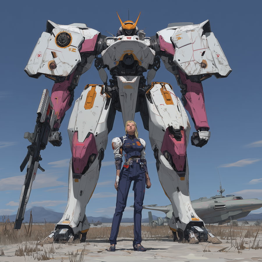 A detailed science fiction illustration of a woman in a navy blue uniform standing in front of a towering white and pink mech robot holding a large rifle, set in an open field with a clear blue sky and military vehicles in the background