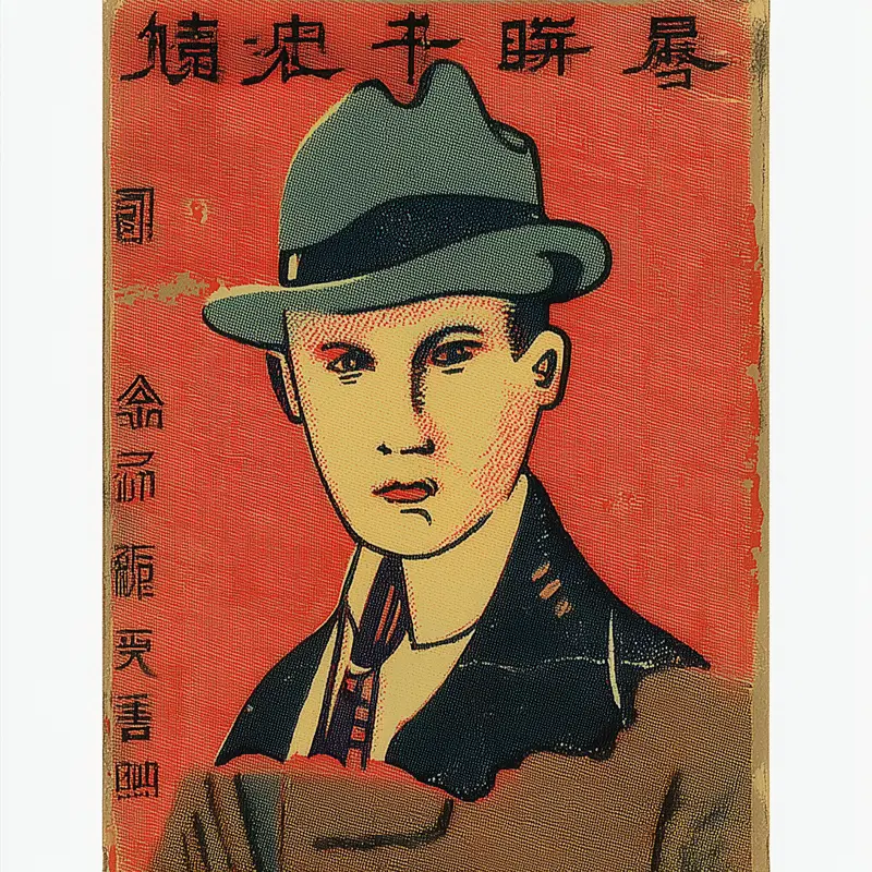 Vintage Asian Art Print Featuring a Man Wearing a Hat on Red Background