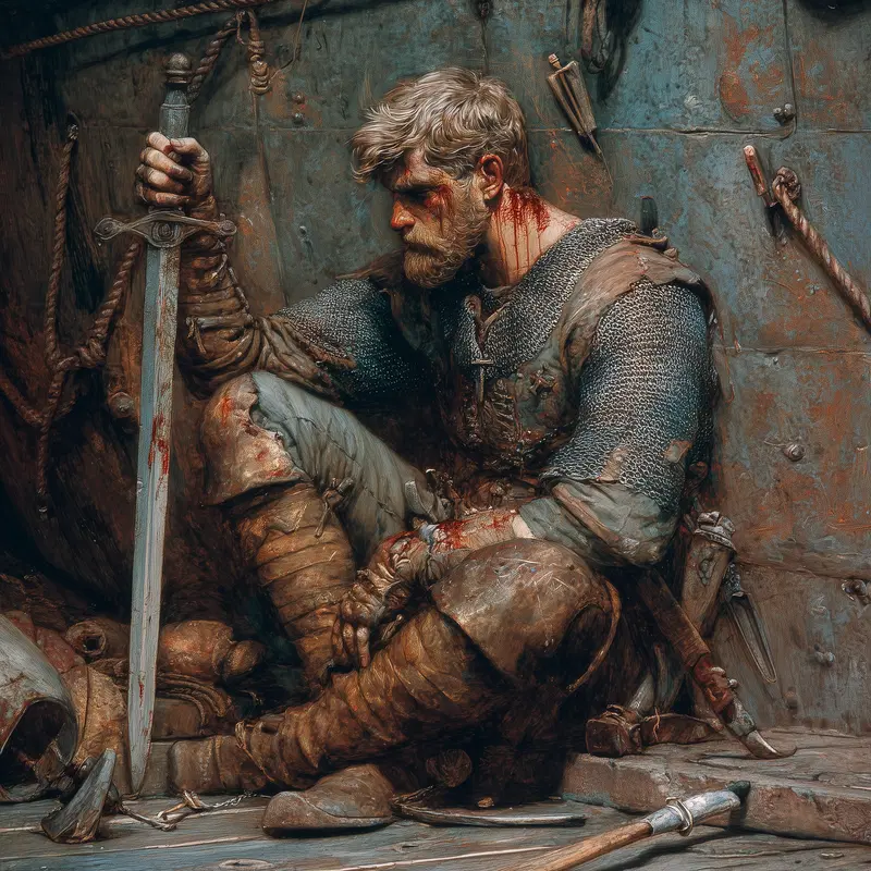 Intense and battered medieval warrior resting with sword in hand interior art