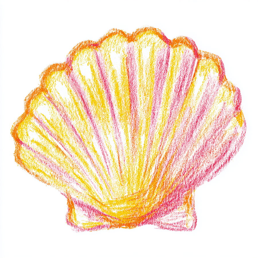 Pastel drawing of a scallop seashell with orange, yellow, and pink colors on a white background