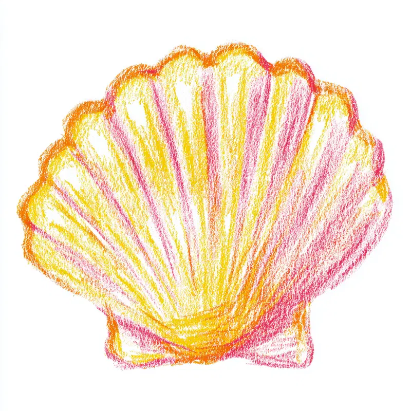 Colorful hand-drawn pastel illustration of a scallop seashell